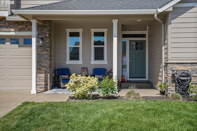 property entrance with a garage, stone siding, covered porch, and a shingled roof