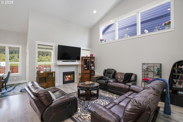 living area with baseboards, a lit fireplace, high vaulted ceiling, and wood finished floors