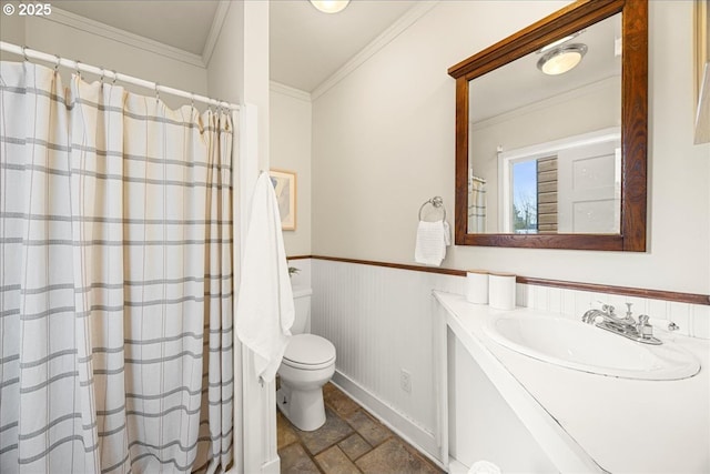 bathroom with toilet, crown molding, wood walls, and vanity