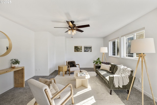 20 Silva Cutoff Rd, Lyle, WA 98635 - living room featuring a ceiling fan, carpet floors, and baseboards
