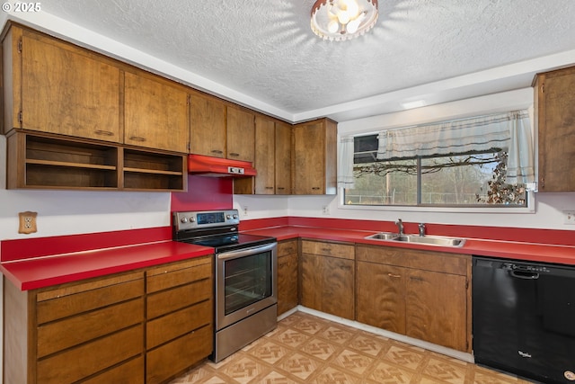 kitchen featuring black dishwasher, sink, stainless steel range with electric cooktop, and a textured ceiling