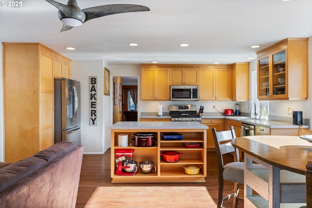 kitchen featuring a sink, light countertops, wood finished floors, and stainless steel appliances