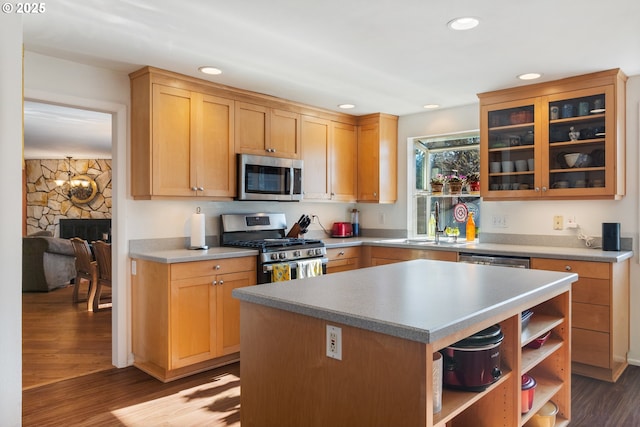 kitchen featuring a center island, glass insert cabinets, dark wood-style floors, stainless steel appliances, and a sink