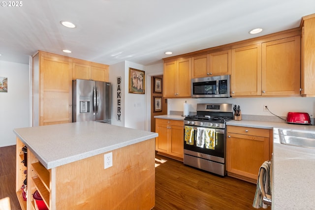 kitchen featuring open shelves, light countertops, dark wood-style flooring, and stainless steel appliances