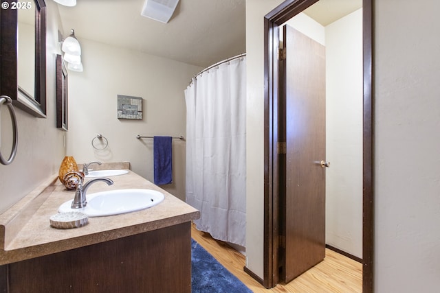 bathroom with double vanity, wood finished floors, and a sink