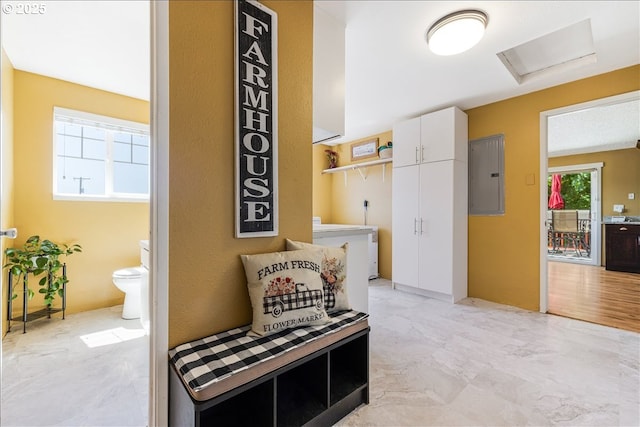 18203 S Windy City Rd, Mulino, OR 97042 - hall with electric panel, light marble finish flooring, and attic access