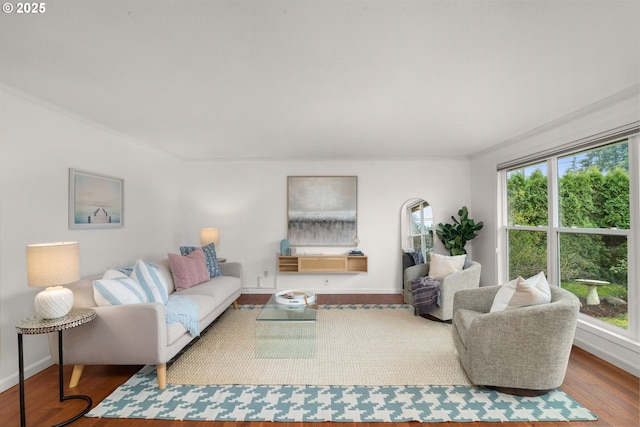 living room featuring crown molding, plenty of natural light, wood finished floors, and baseboards