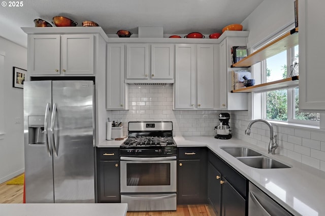 9115 N Richmond Ave, Portland, OR 97203 - kitchen with stainless steel appliances, a sink, light countertops, open shelves, and backsplash