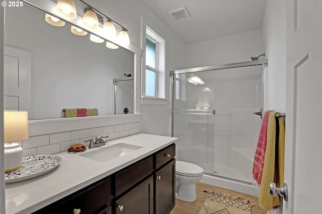 9115 N Richmond Ave, Portland, OR 97203 - full bathroom featuring decorative backsplash, a shower stall, toilet, and vanity