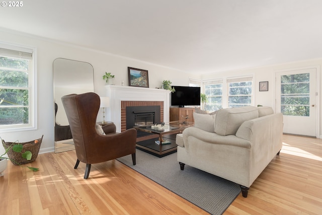 living area featuring a fireplace and light wood-style flooring