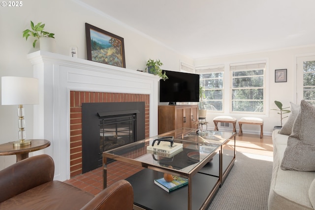 living area with ornamental molding, a fireplace, and baseboards