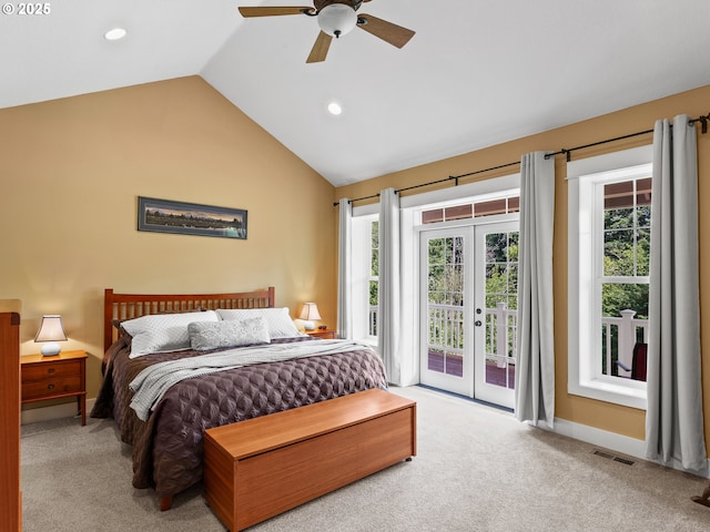 21800 S Green Mountain Rd, Colton, OR 97017 - carpeted bedroom with access to outside, vaulted ceiling, french doors, recessed lighting, and a ceiling fan
