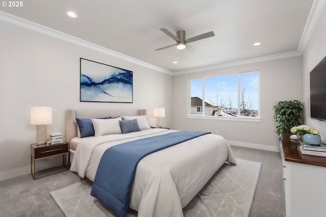 bedroom with ceiling fan, ornamental molding, and light carpet