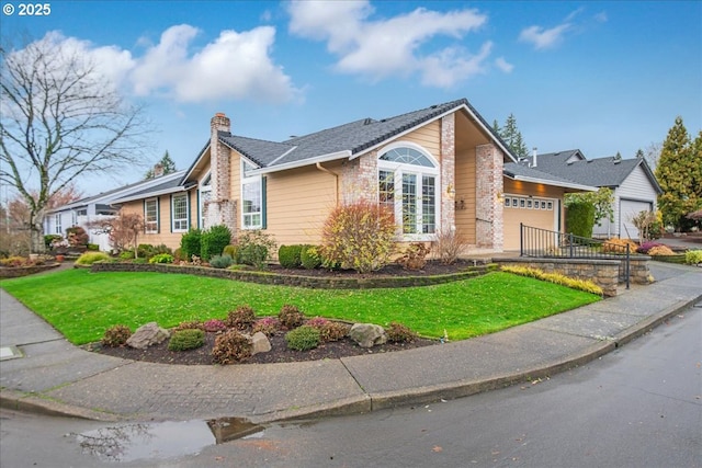 view of property exterior featuring an attached garage, concrete driveway, a lawn, and a chimney