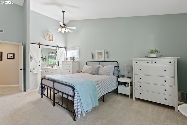 8775 SW Comanche Way, Tualatin, OR 97062 - bedroom with light carpet, high vaulted ceiling, and ceiling fan
