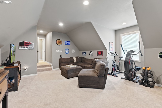 8775 SW Comanche Way, Tualatin, OR 97062 - carpeted living room featuring vaulted ceiling and recessed lighting