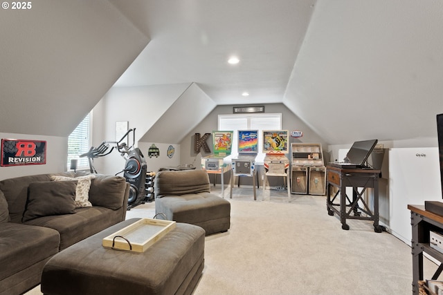 8775 SW Comanche Way, Tualatin, OR 97062 - carpeted living area featuring lofted ceiling and recessed lighting