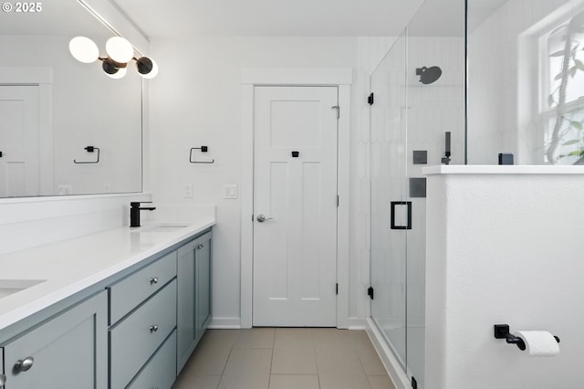 18 NE Cook St, Portland, OR 97212 - full bath featuring a shower stall, double vanity, and tile patterned floors