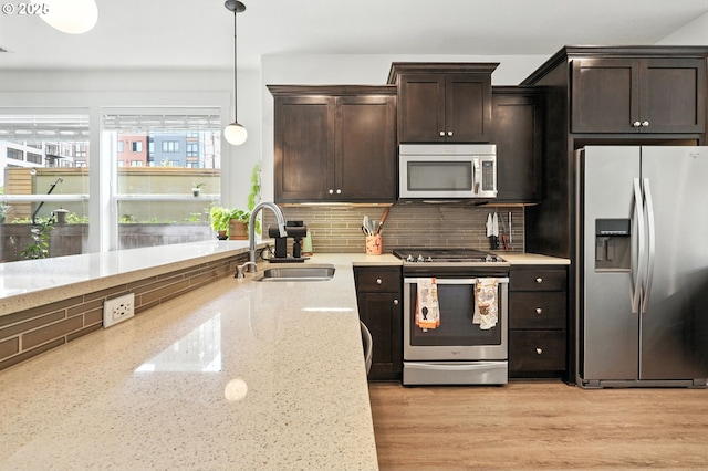 18 NE Cook St, Portland, OR 97212 - kitchen featuring appliances with stainless steel finishes, tasteful backsplash, dark brown cabinetry, light stone countertops, and pendant lighting