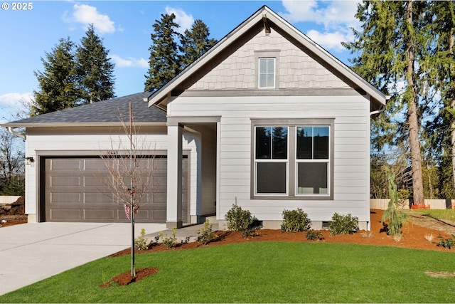 view of front facade featuring roof with shingles, an attached garage, a front lawn, concrete driveway, and crawl space