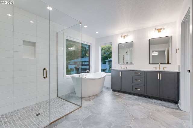 bathroom featuring double vanity, a freestanding tub, a shower stall, and a sink