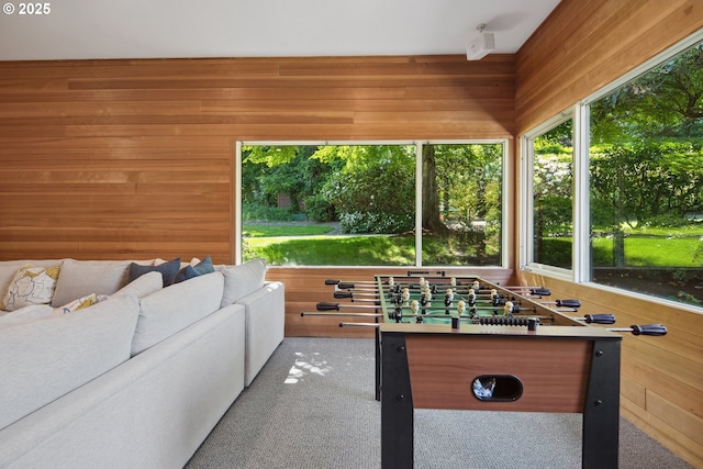 1890 S Greenwood Rd, Portland, OR 97219 - rec room featuring wood walls, healthy amount of natural light, and carpet flooring