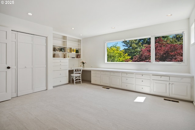 1890 S Greenwood Rd, Portland, OR 97219 - office area with built in study area, light carpet, and recessed lighting