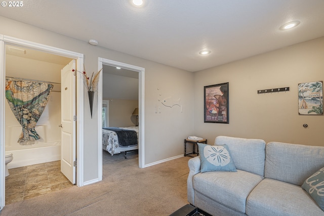 living area with light colored carpet, baseboards, and recessed lighting