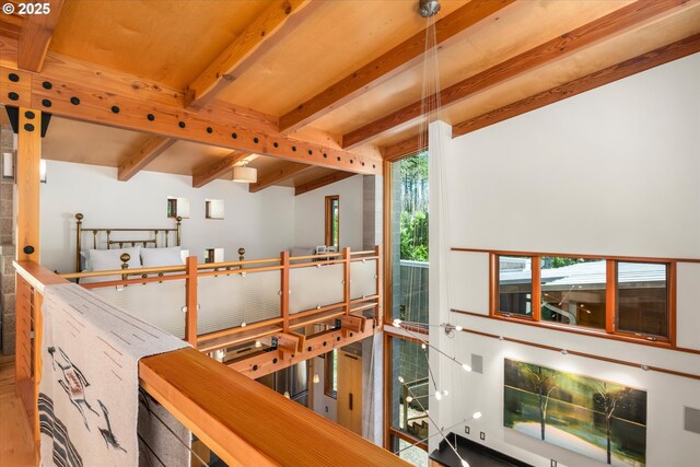 49348 Mckenzie Hwy, Vida, OR 97488 - corridor with beam ceiling and wood finished floors