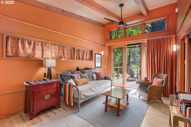 49348 Mckenzie Hwy, Vida, OR 97488 - living area with ceiling fan, beamed ceiling, and light wood finished floors