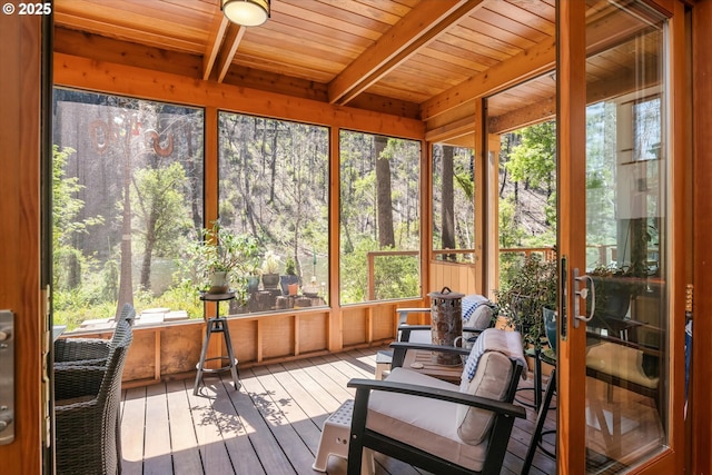 49348 Mckenzie Hwy, Vida, OR 97488 - sunroom with a wooden deck, hardwood / wood-style floors, plenty of natural light, beamed ceiling, and wood ceiling