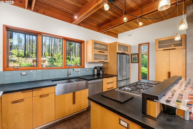 49348 Mckenzie Hwy, Vida, OR 97488 - kitchen with stainless steel appliances, wooden ceiling, a sink, plenty of natural light, and dark countertops