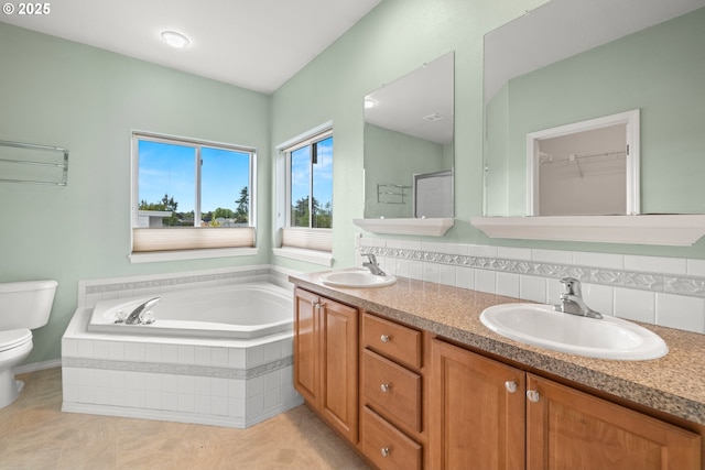 1670 NE Jackson School Rd, Hillsboro, OR 97124 - bathroom with toilet, a garden tub, double vanity, tile patterned floors, and a shower with shower door