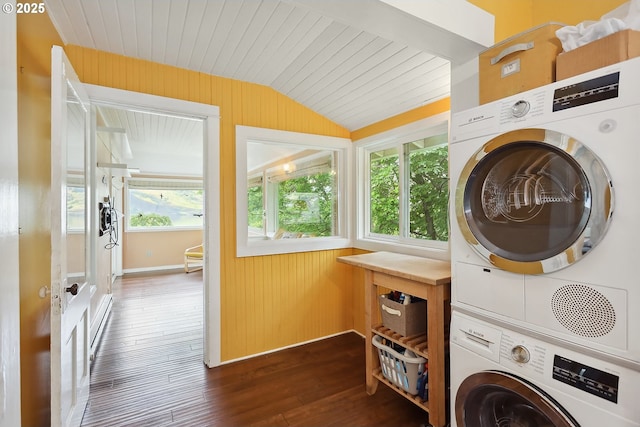 1006 4th Ave, Mosier, OR 97040 - washroom with stacked washer / drying machine, dark wood-style flooring, and baseboards