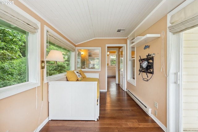 1006 4th Ave, Mosier, OR 97040 - hallway with baseboard heating, ornamental molding, vaulted ceiling, dark wood-type flooring, and baseboards