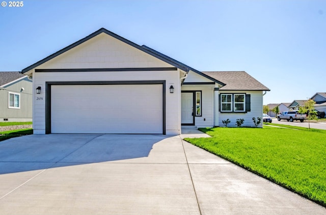 single story home with a garage and a front lawn