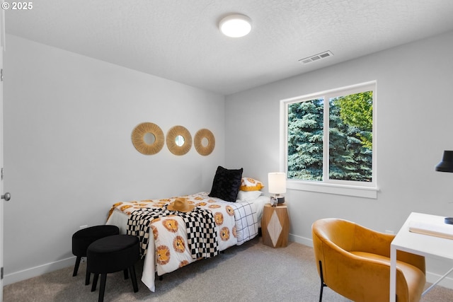 bedroom with a textured ceiling and carpet floors