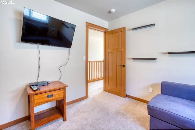 living area featuring light colored carpet