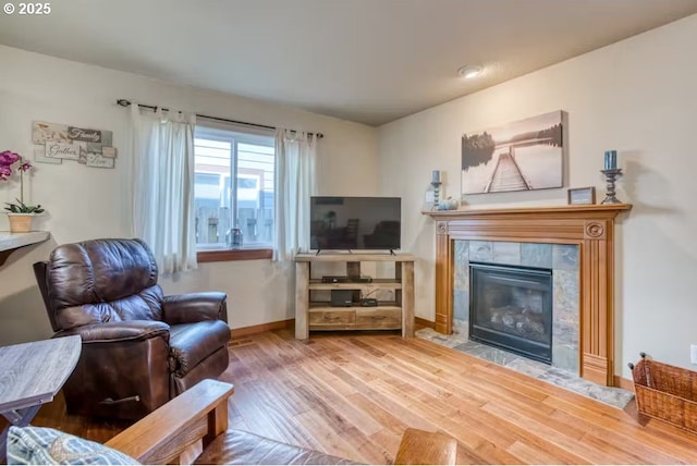 living room featuring hardwood / wood-style floors and a fireplace