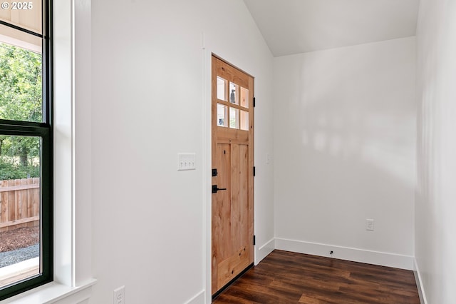 entrance foyer with dark hardwood / wood-style floors and lofted ceiling