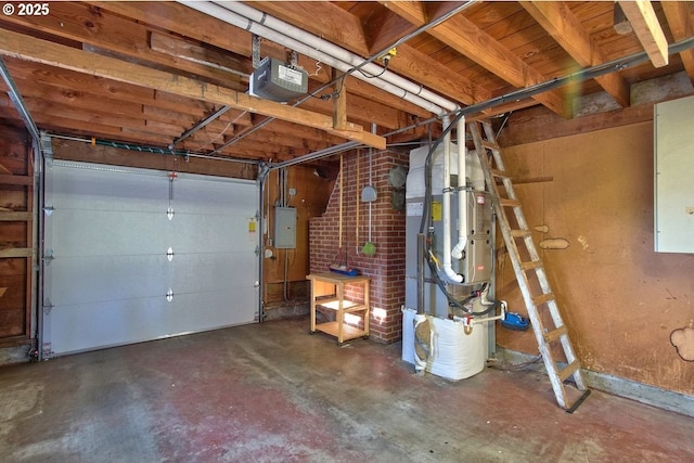 garage with electric panel, heating unit, and a garage door opener