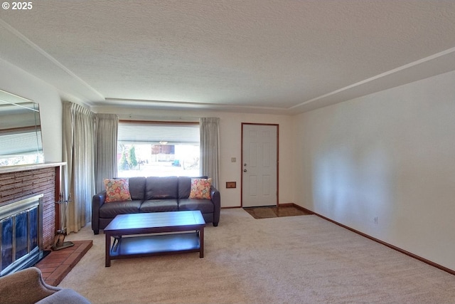 carpeted living room with a stone fireplace and a textured ceiling