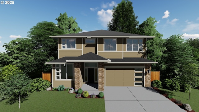 view of front of home featuring stone siding, an attached garage, driveway, and fence