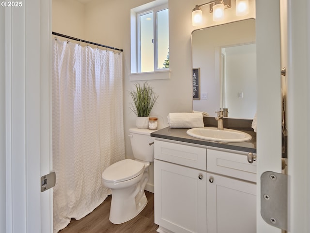 521 Kakela Rd, Winlock, WA 98596 - bathroom with toilet, vanity, wood finished floors, and curtained shower