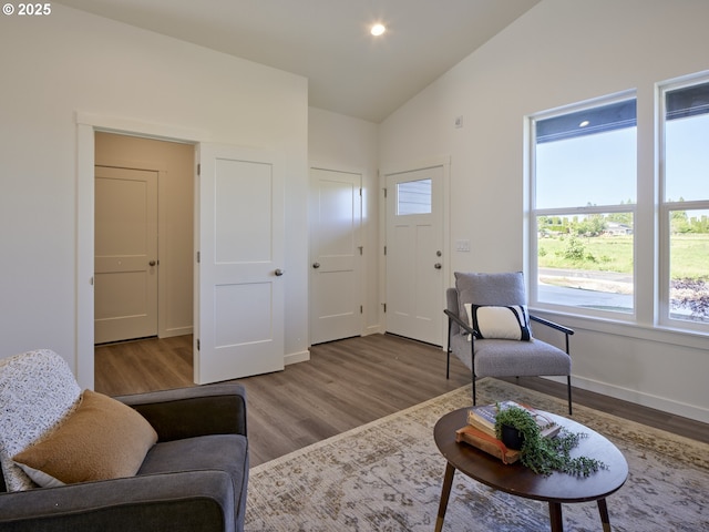 521 Kakela Rd, Winlock, WA 98596 - living area featuring wood finished floors, baseboards, and high vaulted ceiling