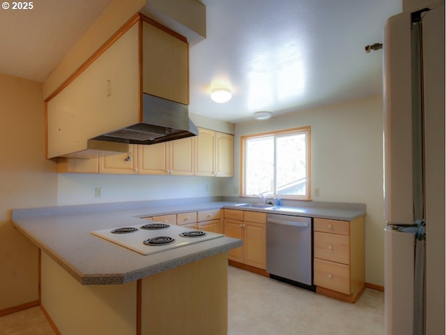 9435 SW 53rd Ave, Portland, OR 97219 - kitchen featuring white appliances, light brown cabinetry, wall chimney exhaust hood, a peninsula, and a sink