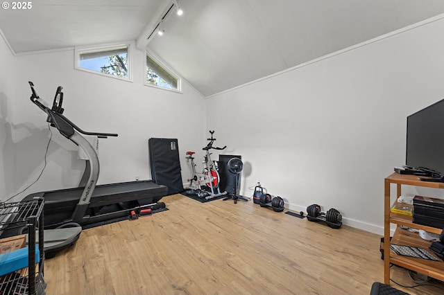 exercise room featuring baseboards, vaulted ceiling, track lighting, and wood finished floors
