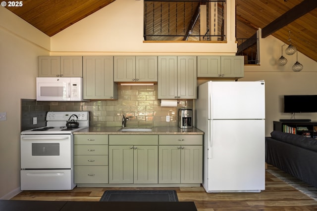 25050 Wilson River Hwy, Tillamook, OR 97141 - kitchen featuring white appliances, wood ceiling with exposed beams, a sink, green cabinets, and wood finished floors