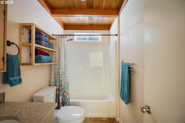25050 Wilson River Hwy, Tillamook, OR 97141 - full bath with wooden ceiling, toilet, vanity, shower / tub combo, and wood finished floors