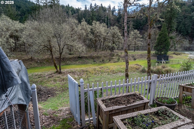 view of yard with fence, a vegetable garden, and a view of trees